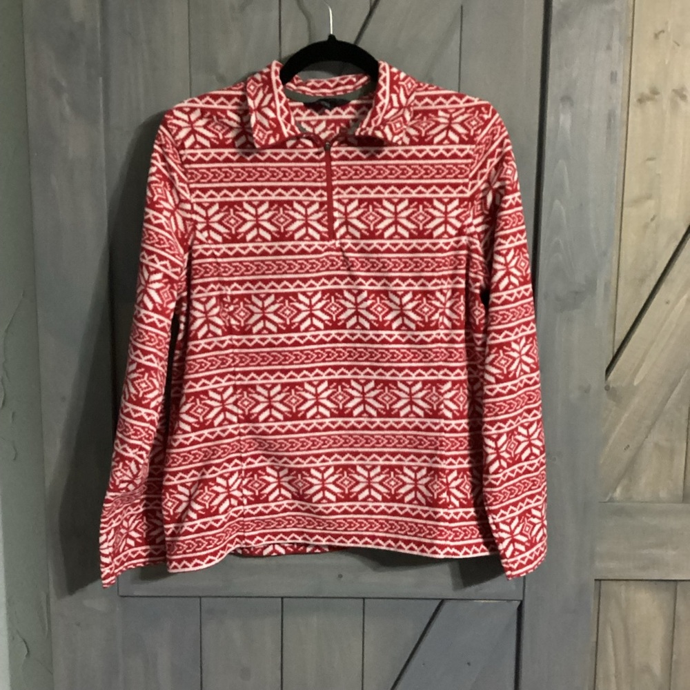 Lands End Red and White Nordic Scandinavian Patterned 1/4 Zip Fleece Pullover